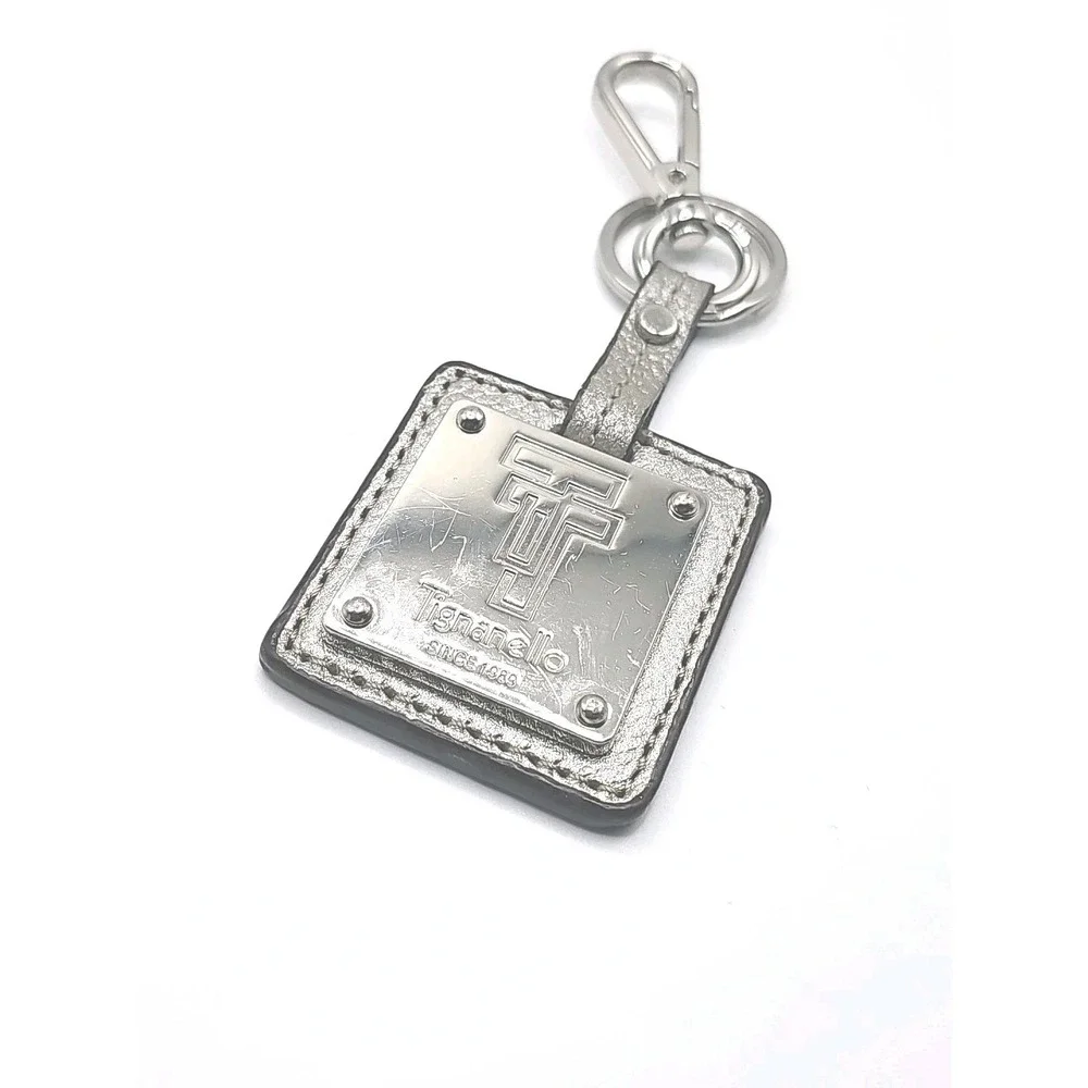 Tignanello‎ Triple T Silver Leather Silver Charm Metal Key Fob Keychain Hang Tag
